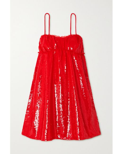 Ganni Ruched Sequined Tulle Mini Dress
