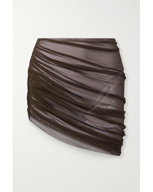 Norma Kamali Diana Asymmetric Ruched Stretch-mesh Skirt Chocolate