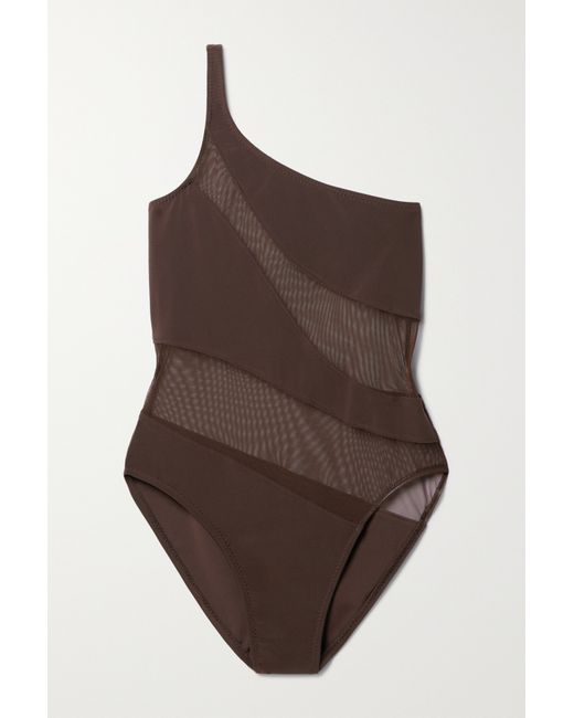 Norma Kamali Snake One-shoulder Mesh-paneled Swimsuit Chocolate