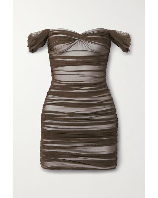 Norma Kamali Walter Off-the-shoulder Ruched Stretch-mesh Mini Dress Chocolate