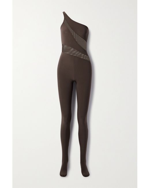 Norma Kamali Snake One-shoulder Mesh-paneled Stretch-jersey Jumpsuit Chocolate