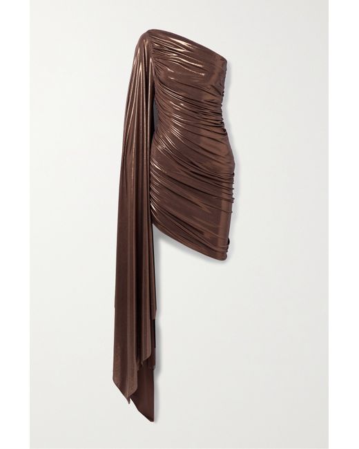 Norma Kamali Diana Pickleball One-sleeve Draped Ruched Stretch-lamé Mini Dress Chocolate