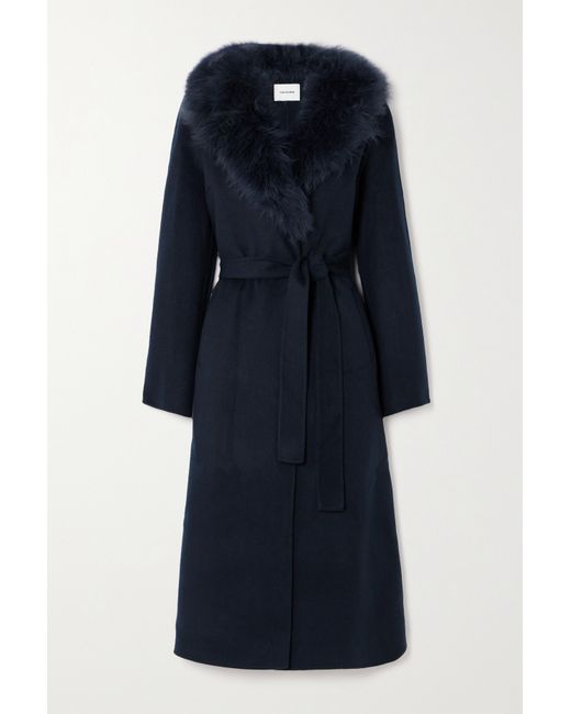 Yves Salomon Belted Shearling-trimmed Wool And Cashmere-blend Coat Navy