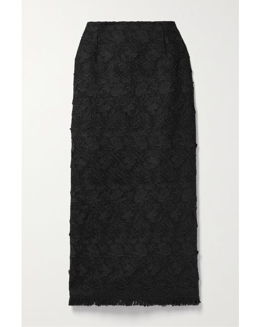 Oscar de la Renta Frayed Embroidered Tweed Midi Skirt