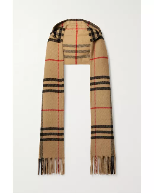Burberry Hooded Checked Fringed Wool And Cashmere-blend Scarf