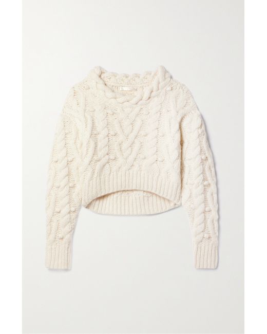 Loveshackfancy Galiona Cropped Pompom-embellished Cable-knit Alpaca-blend Sweater
