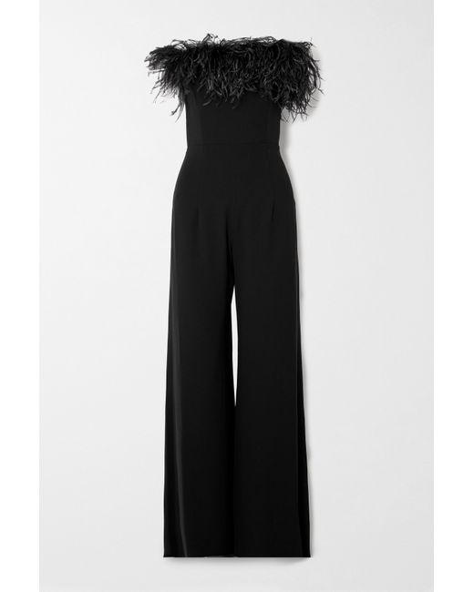16Arlington Taree Strapless Feather-trimmed Crepe Jumpsuit