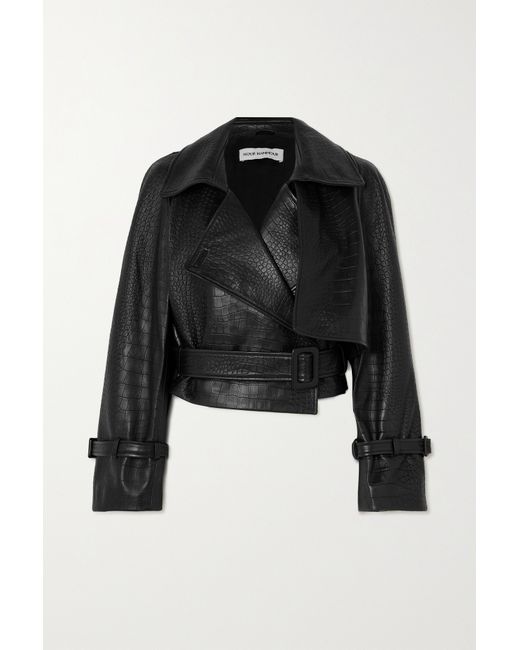 Nour Hammour Hatti Cropped Belted Croc-effect Leather Jacket