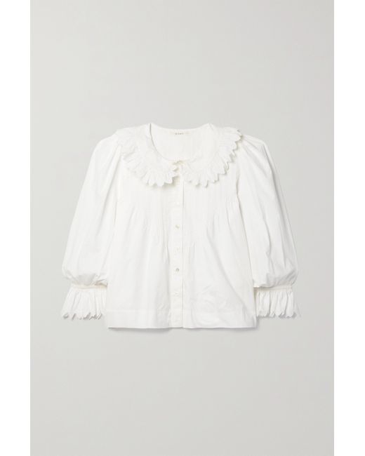 Dôen Hickory Ruffled Pintucked Embroidered Organic Cotton-poplin Blouse