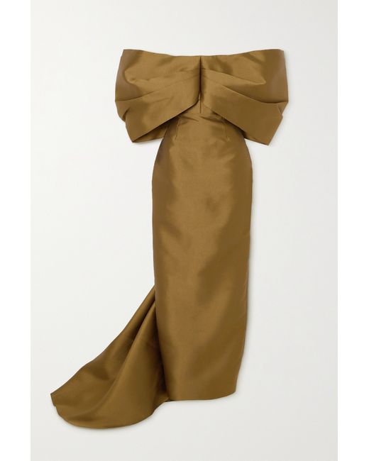 Solace London Delphina Off-the-shoulder Draped Metallic Satin-twill Gown