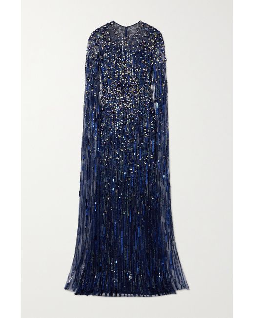 Jenny Packham Cape-effect Embellished Tulle Gown Navy