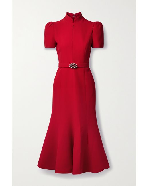 Andrew Gn Belted Crystal And Faux Pearl-embellished Crepe Midi Dress