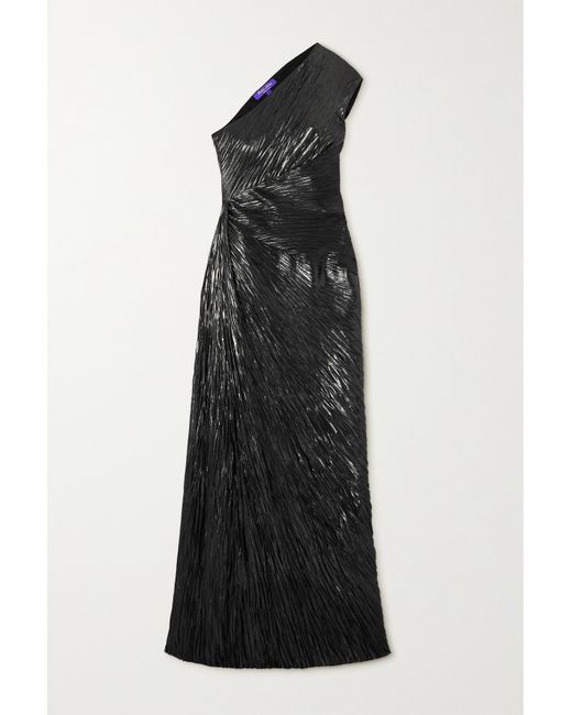 Ralph Lauren Collection Hadlea One-shoulder Pleated Metallic Silk-plissé Gown
