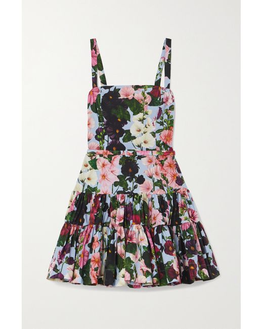 Oscar de la Renta Hollyhocks Belted Floral-print Cotton Poplin Mini Dress