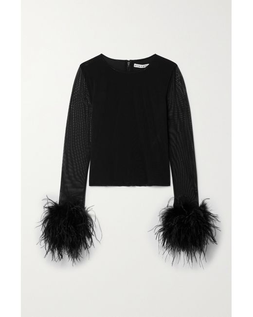 Alice + Olivia Delaina Feather-trimmed Mesh Top