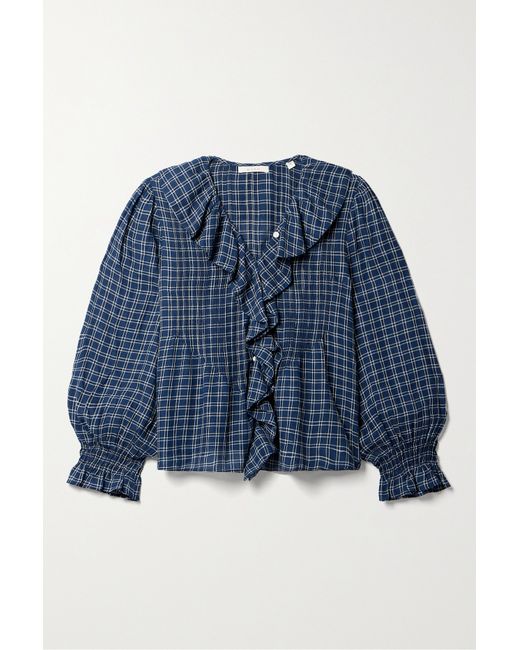 Dôen Hardy Ruffled Pintucked Checked Organic Cotton-voile Blouse Navy