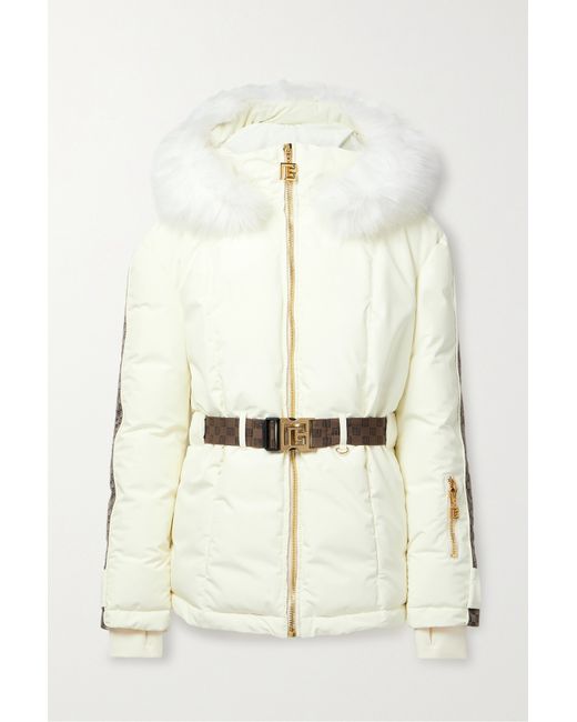 Balmain Belted Hooded Faux Fur And Jacquard-trimmed Shell Ski Jacket