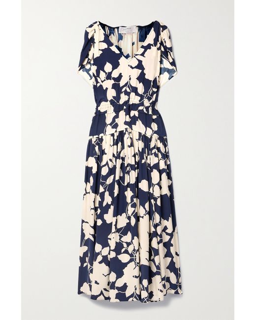 La Ligne Cape-effect Ruffled Floral-print Silk-crepe Midi Dress Navy