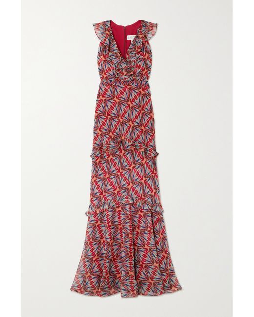Saloni Rita Ruffled Printed Silk-crepe Maxi Dress