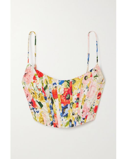 Zimmermann Alight Cropped Shirred Floral-print Linen Bustier Top Navy