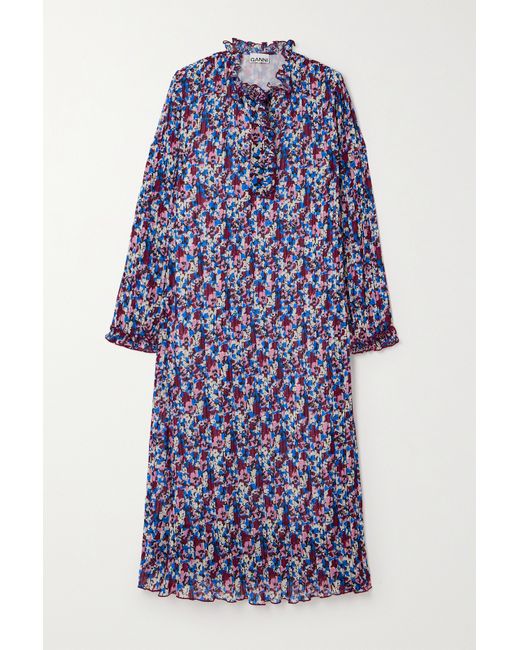Ganni Ruffled Pleated Floral-print Recycled-georgette Midi Dress