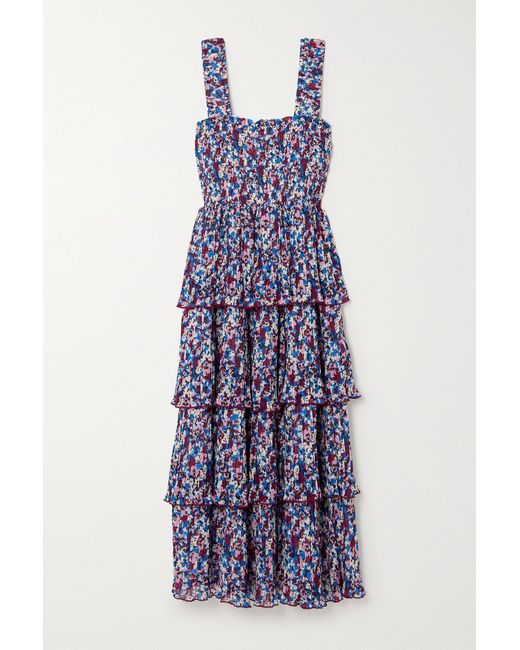 Ganni Tiered Pleated Floral-print Recycled-georgette Midi Dress
