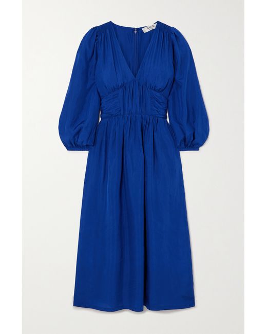 Sea Fabiola Ruched Silk-habotai Midi Dress Cobalt
