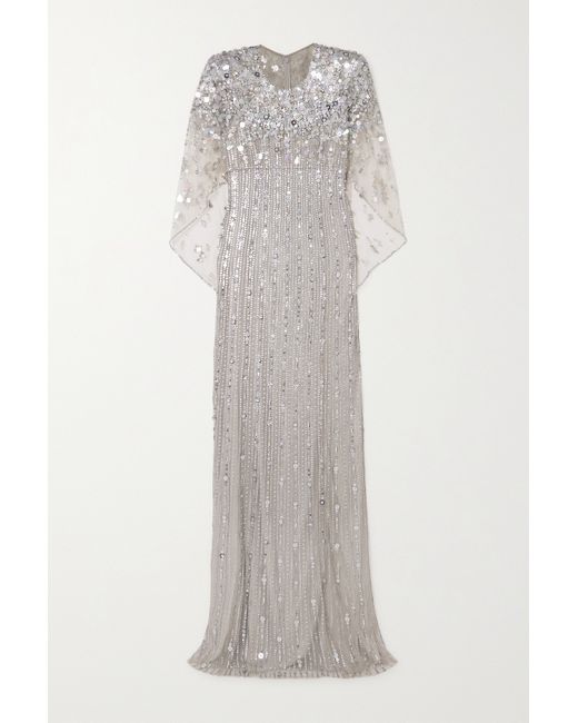 Jenny Packham Nettie Cape-effect Embellished Sequined Tulle Gown Platinum