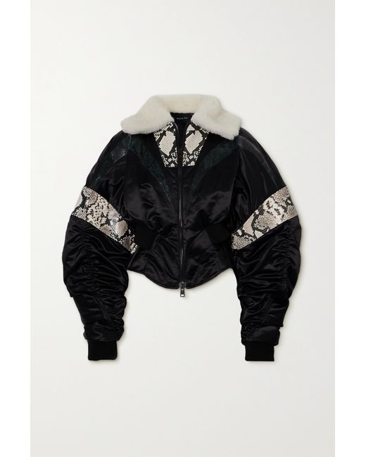 Mugler Cropped Recycled-satin Snake-effect Leather And Shearling Jacket