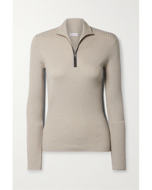 Brunello Cucinelli Bead-embellished Ribbed Metallic Cashmere-blend Sweater Camel