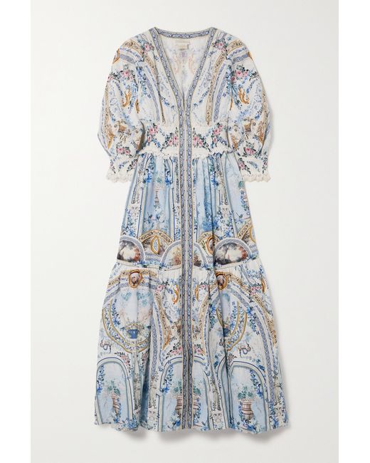 Camilla Shirred Printed Linen Maxi Dress