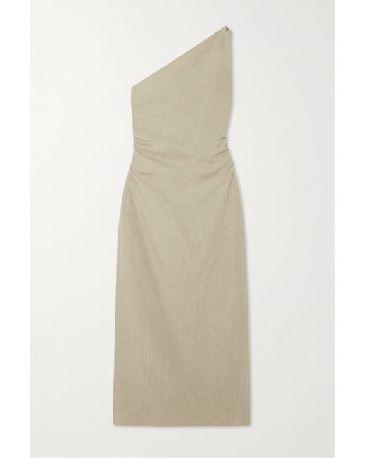 Faithful the Brand Net Sustain Jomana One-shoulder Ruched Linen Maxi Dress Neutral