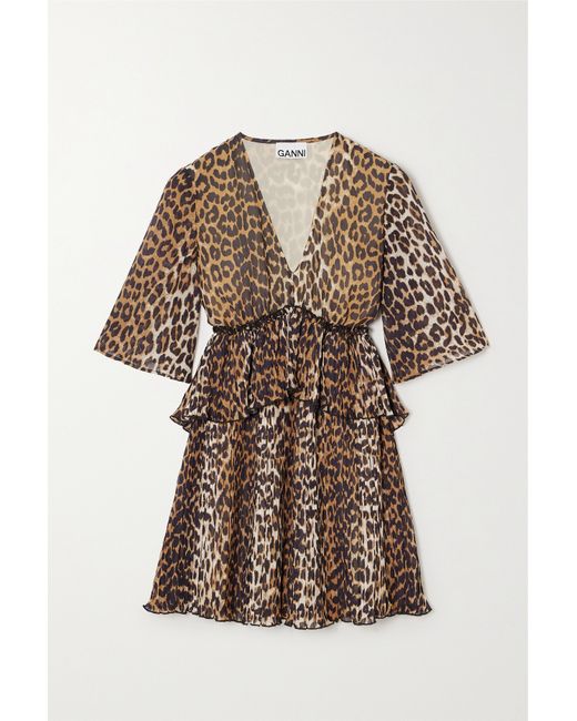 Ganni Pleated Leopard-print Recycled-georgette Mini Dress Leopard print