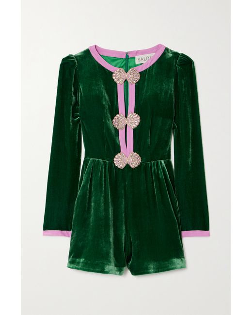 Saloni Camille Embellished Silk Crepe-trimmed Velvet Playsuit Emerald