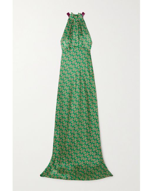 Saloni Michelle Velvet-trimmed Floral-print Hammered Silk-satin Maxi Dress Emerald