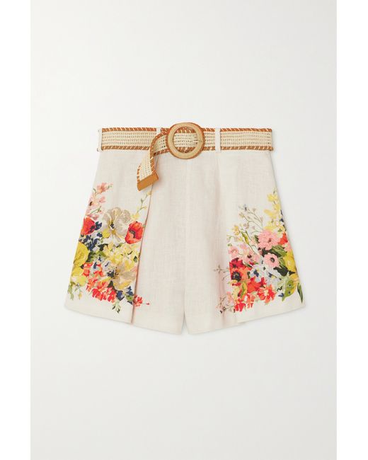Zimmermann Net Sustain Alight Belted Pleated Floral-print Linen Shorts
