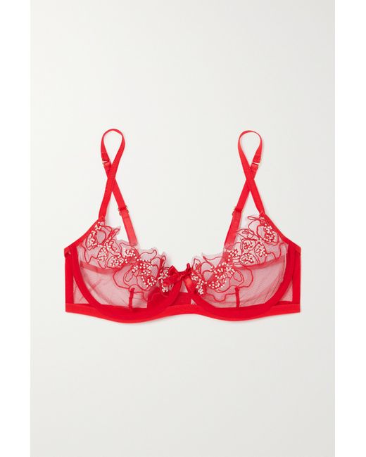Agent Provocateur Lindie Embellished Embroidered Tulle Underwired Bra 32B