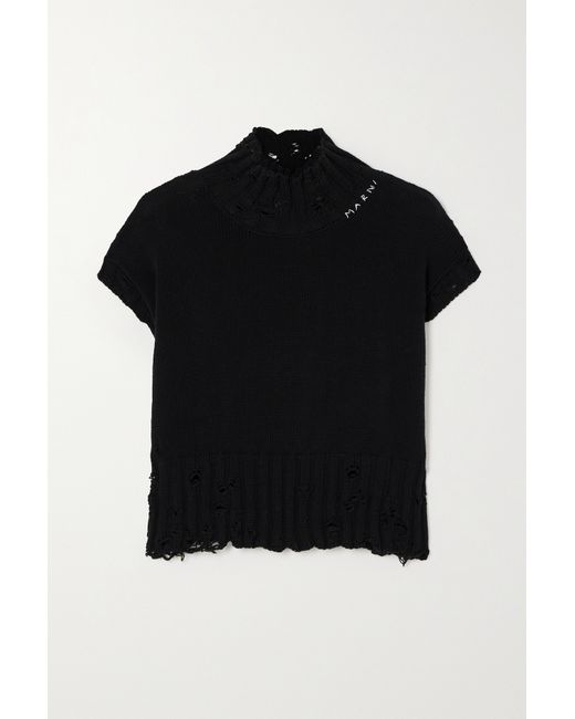 Marni Cropped Distressed Embroidered Cotton Turtleneck Vest