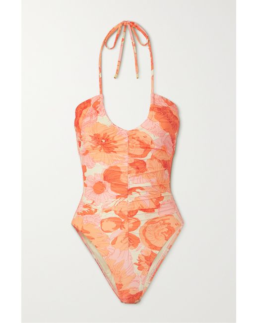 Peony Net Sustain Ruched Floral-print Stretch-econyl Halterneck Swimsuit