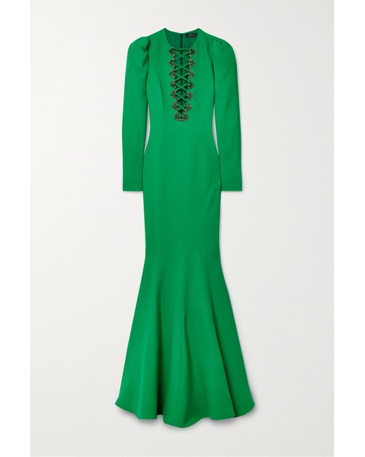 Andrew Gn Lace-up Crystal Embellished Crepe Gown Emerald