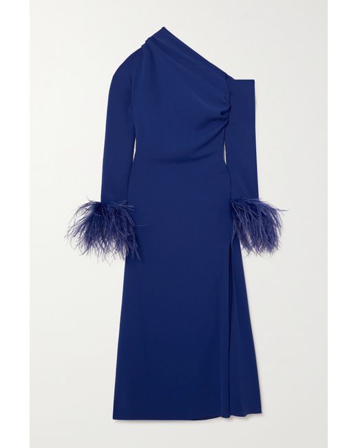 16Arlington Adelaide One-shoulder Feather-trimmed Crepe Midi Dress