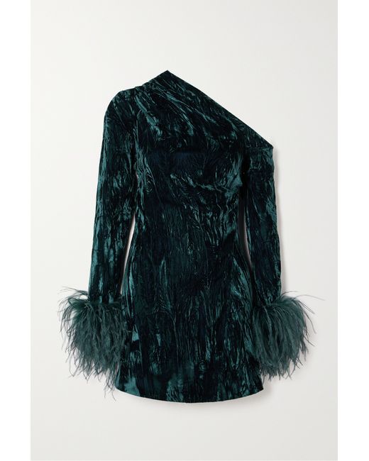 16Arlington Adelaide One-shoulder Feather-trimmed Crushed-velvet Mini Dress Teal