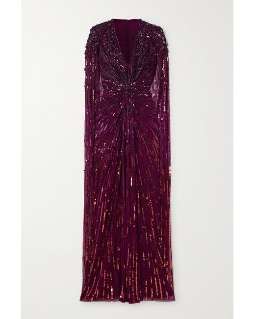 Jenny Packham Lotus Cape-effect Embellished Sequined Tulle Gown