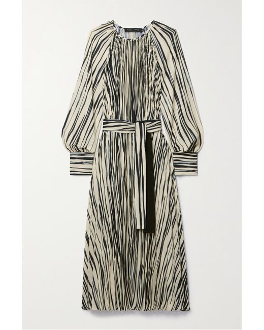 Proenza Schouler Flou Belted Pleated Striped Crepe Midi Dress