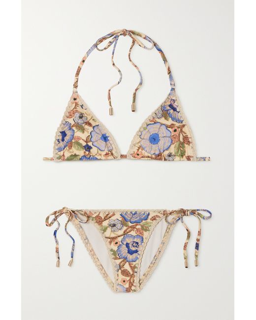 Zimmermann Junie Metallic Crochet-trimmed Floral-print Triangle Bikini