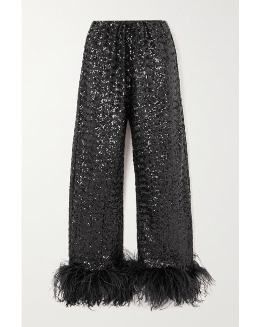 Oséree Feather-trimmed Sequined Satin Straight-leg Pants