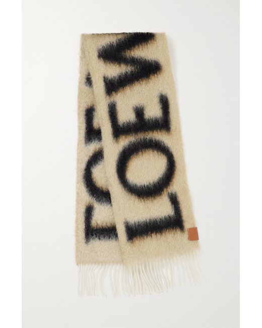 Loewe Fringed Printed Knitted Scarf Camel