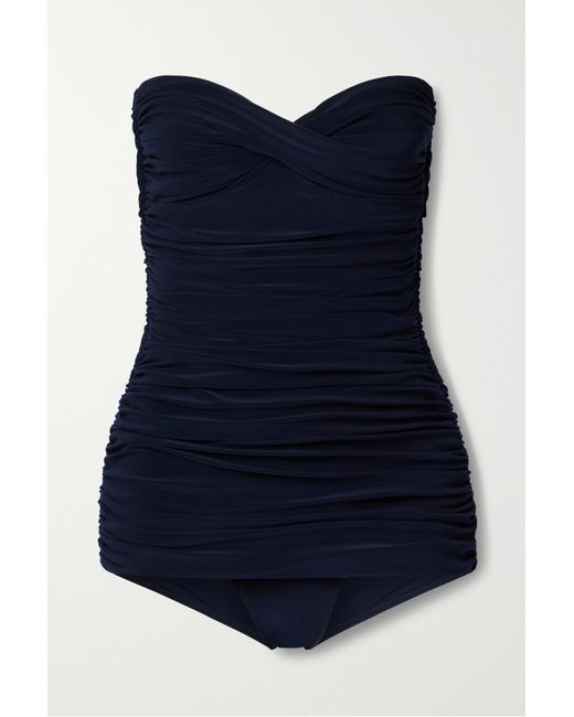 Norma Kamali Walter Mio Strapless Ruched Swimsuit Navy