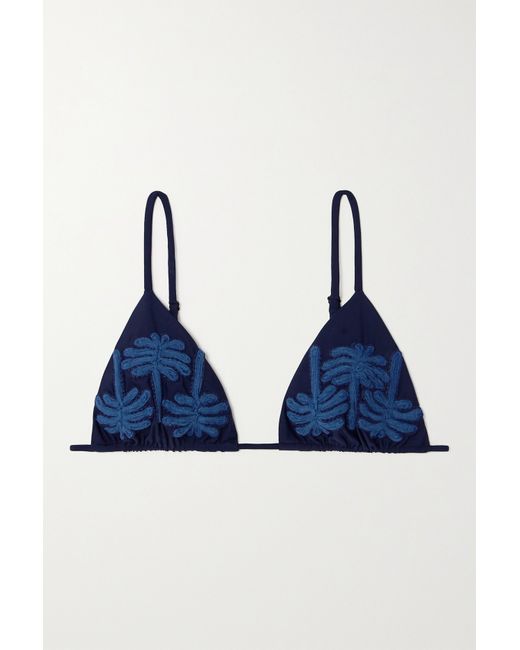 Johanna Ortiz Net Sustain Enjipai Tasseled Embroidered Recycled Bikini Top Navy