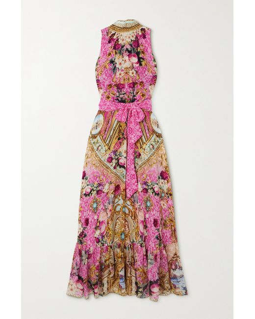 Camilla Tie-detailed Crystal-embellished Printed Silk-crepe Maxi Dress